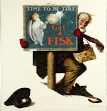 Norman Rockwell Time to Retire: Old Man with Shopping Basket, Fisk Tire Company, automobile tire advertisement, 1925