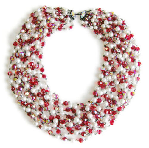 Vintage Costume Jewelry: Opulent Red Crystal and Faux Pearl Bib Necklace