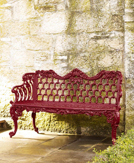 red-garden-bench