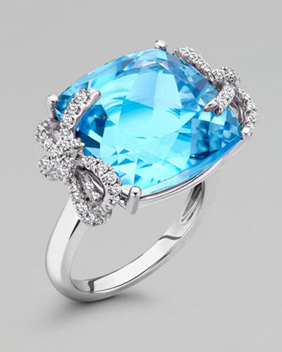 Kiki McDonough Diamond Bow 18k Gold Blue Topaz Ring