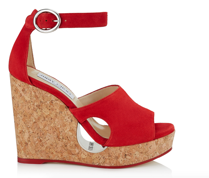 Jimmy Choo Red Suede Cork Wedges with Cut-out