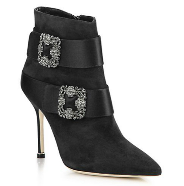 Shoe of the Day: Manolo Blahnik Plinia Suede & Satin Ankle Boots ...